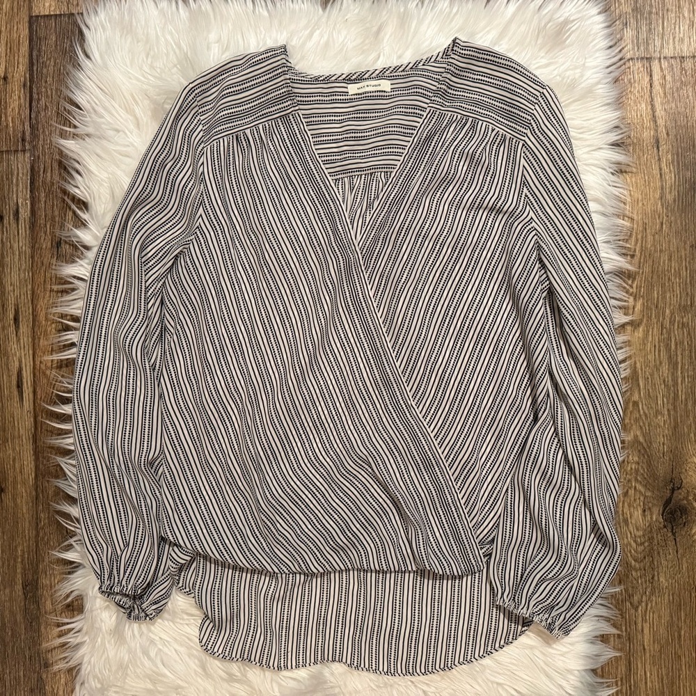 Max Studio Women Large Black White Striped Wrap Surplice Blouse - Picture 1 of 6